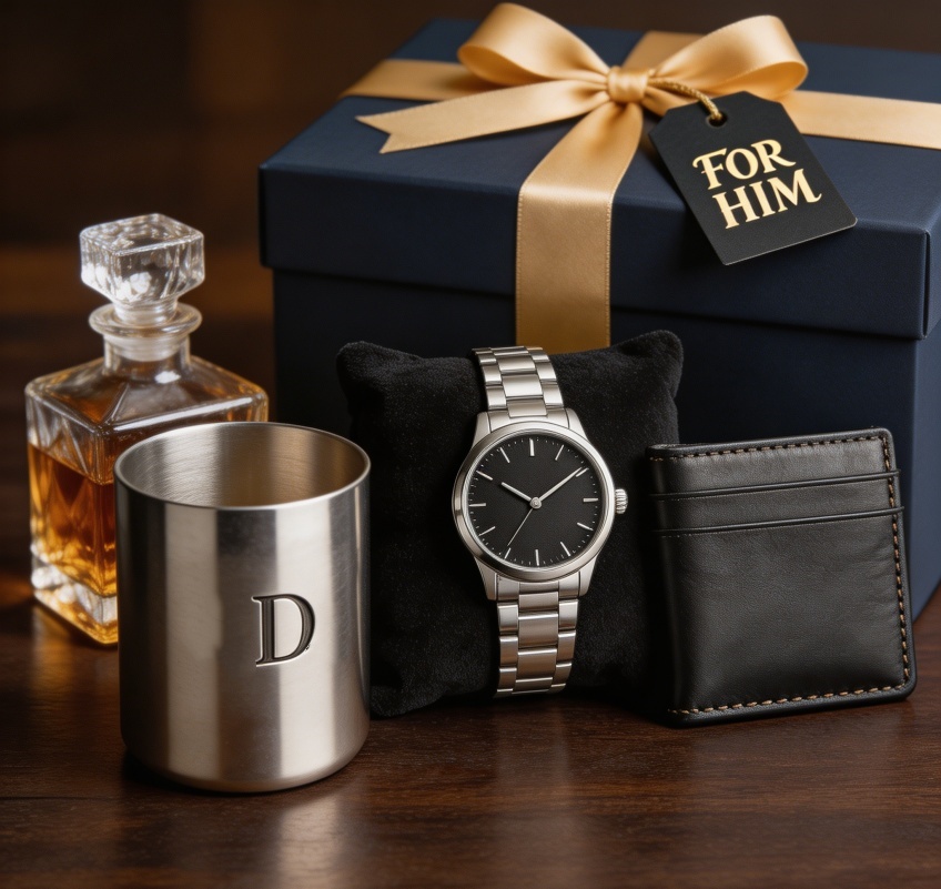 Men's Gifts-Luxury Gift Set for Men, Stainless Steel Watch + Leather Card Holder + Custom Engraved Metal Tumbler, Premium Gift Box for Him