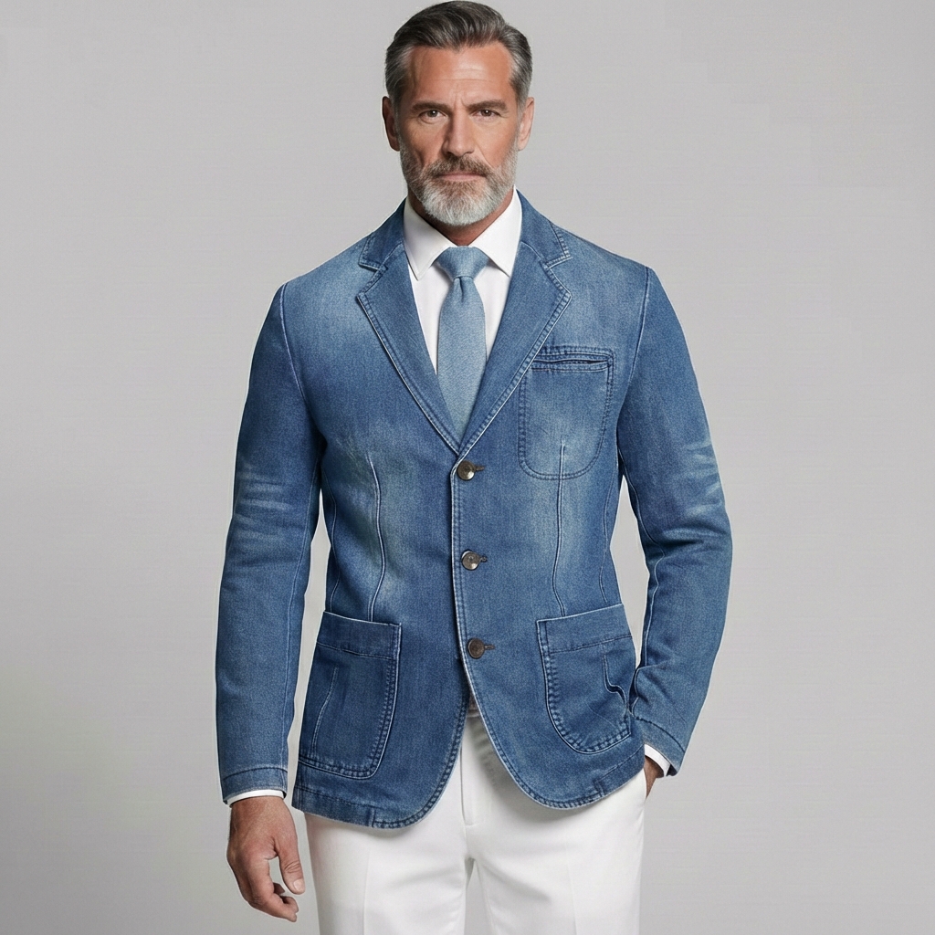 Men's Business Casual Denim Notched Lapel Single Breasted Pocket Long Sleeve Blazer
