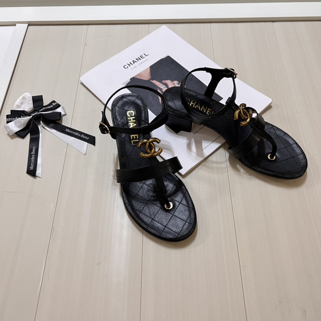 Chanel Sandal Open Round Toe Flip Flops Black