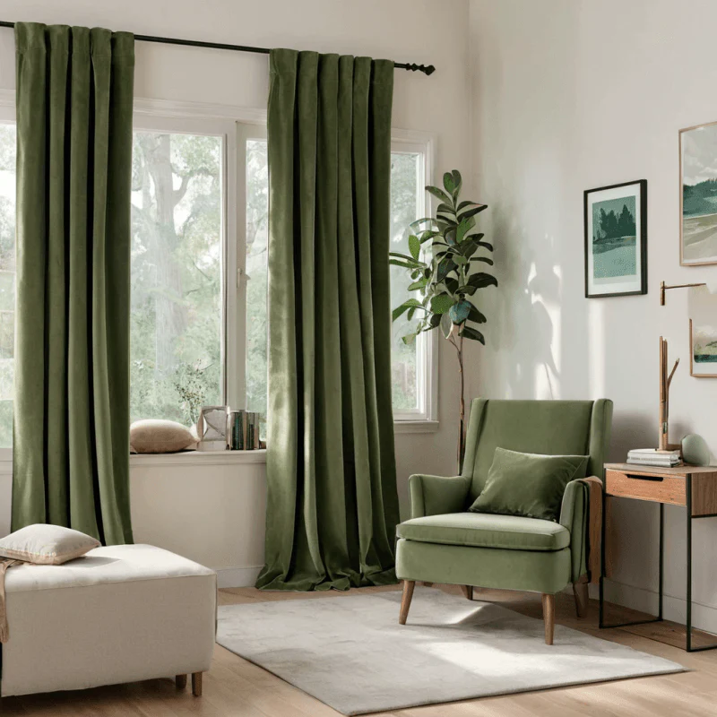 Custom Velvet Curtains Luxury Blackout Curtains  (2 Panels) - Olive Green
