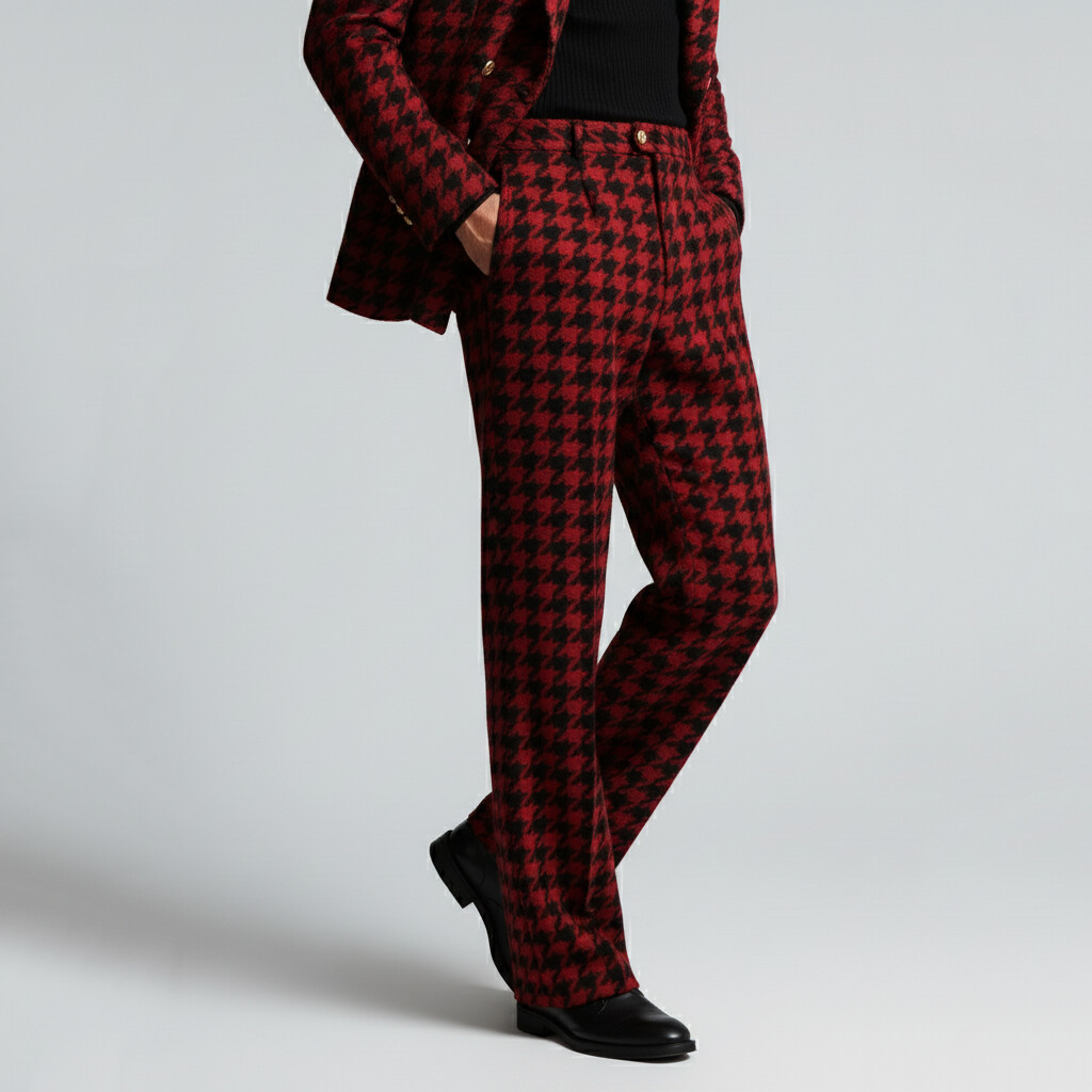 Men's Business Red Houndstooth Pattern Mid Rise Slant Pocket Straight Suit Pants
