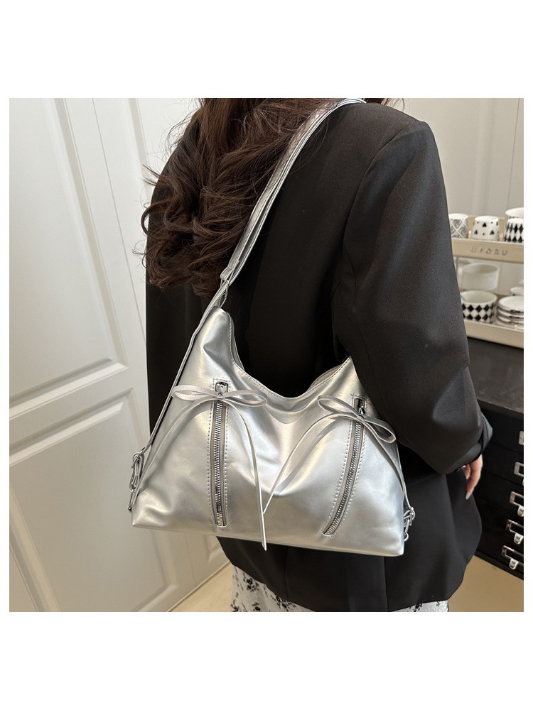 Solid Color Ribbon Bow Zipper Tote Bag