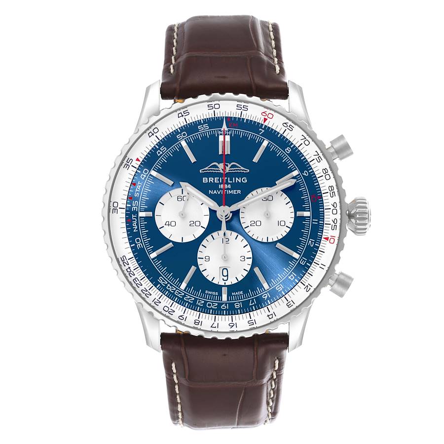 Breitling Navitimer 01 Blue Dial Brown Strap Steel Mens Watch AB0137