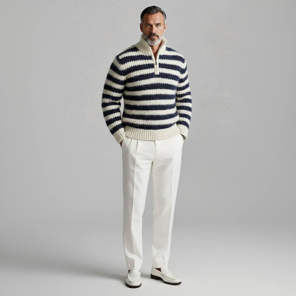 Men's Navy Blue Striped Stand Collar Half Zip Long Sleeve Knit Sweater