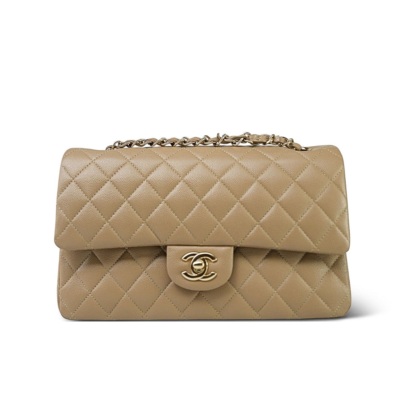 Chanel Medium Classic Double Flap Beige Gold Hardware 25Cm