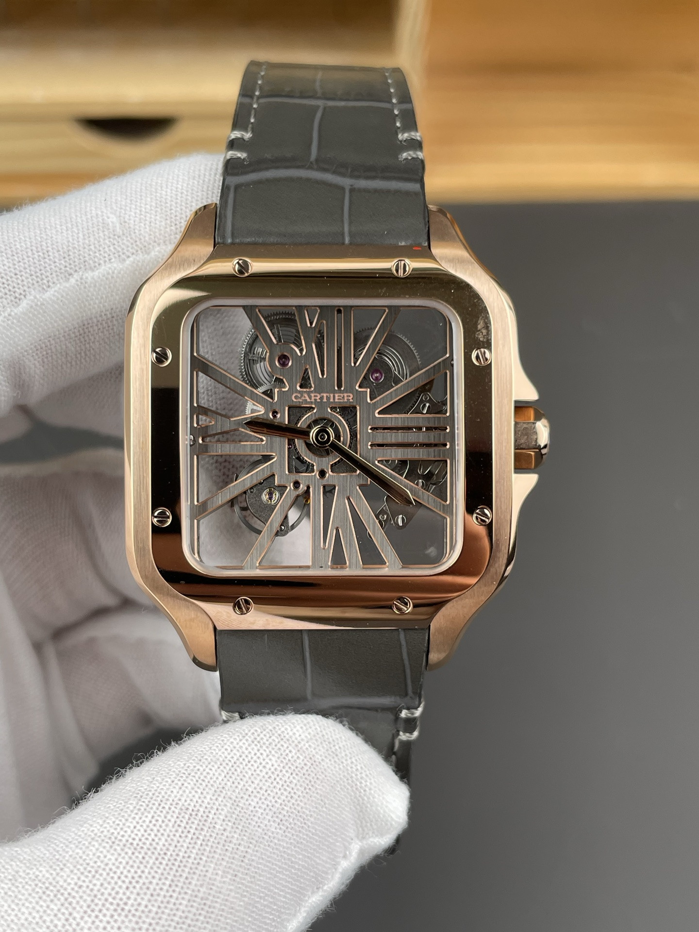 Santos Skeleton Series Leather Strap Rose Gold Dial