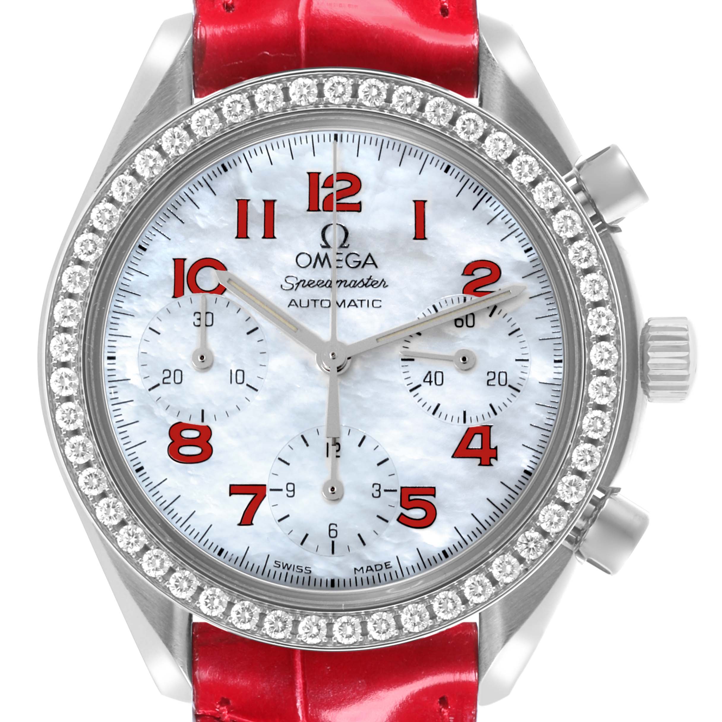 Omega Speedmaster MOP Diamond Red Strap Ladies Watch 39.0 MM 3815.79.40