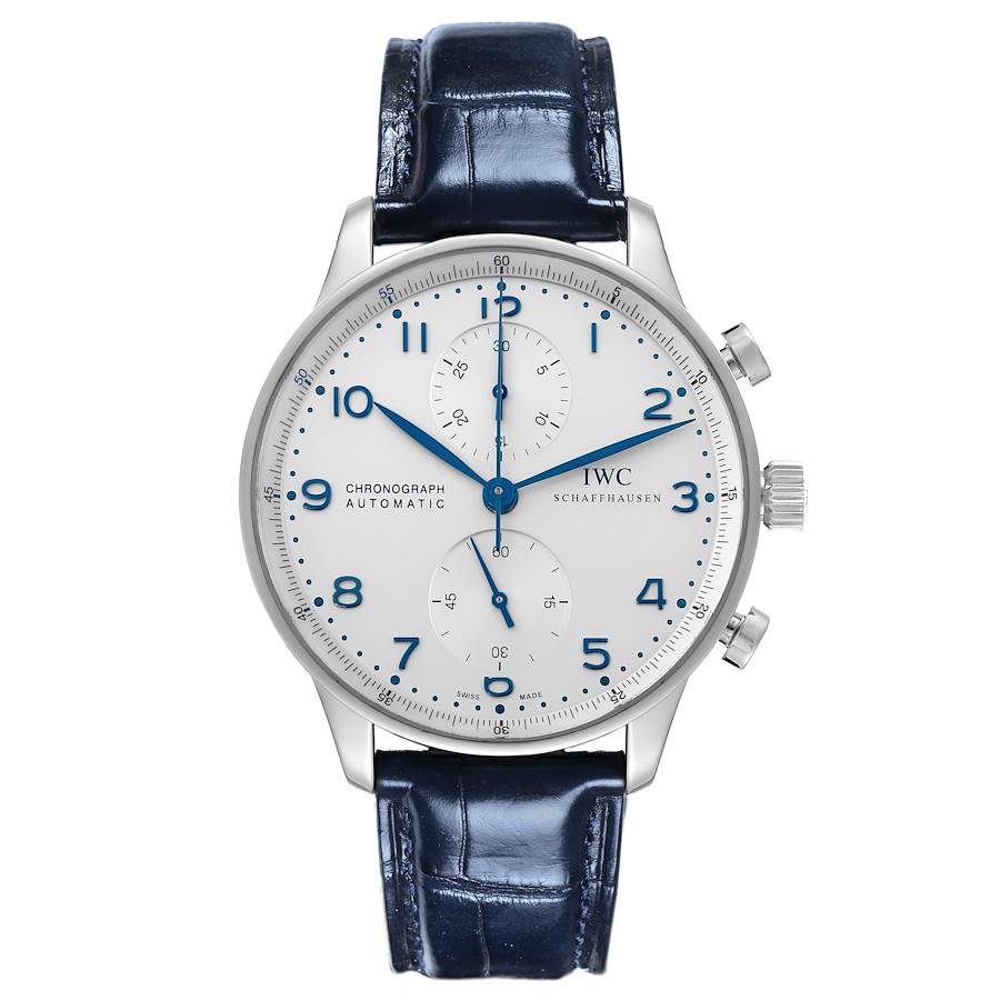 IWC Portuguese Chrono Silver Dial Blue Hands Steel Mens Watch IW371446