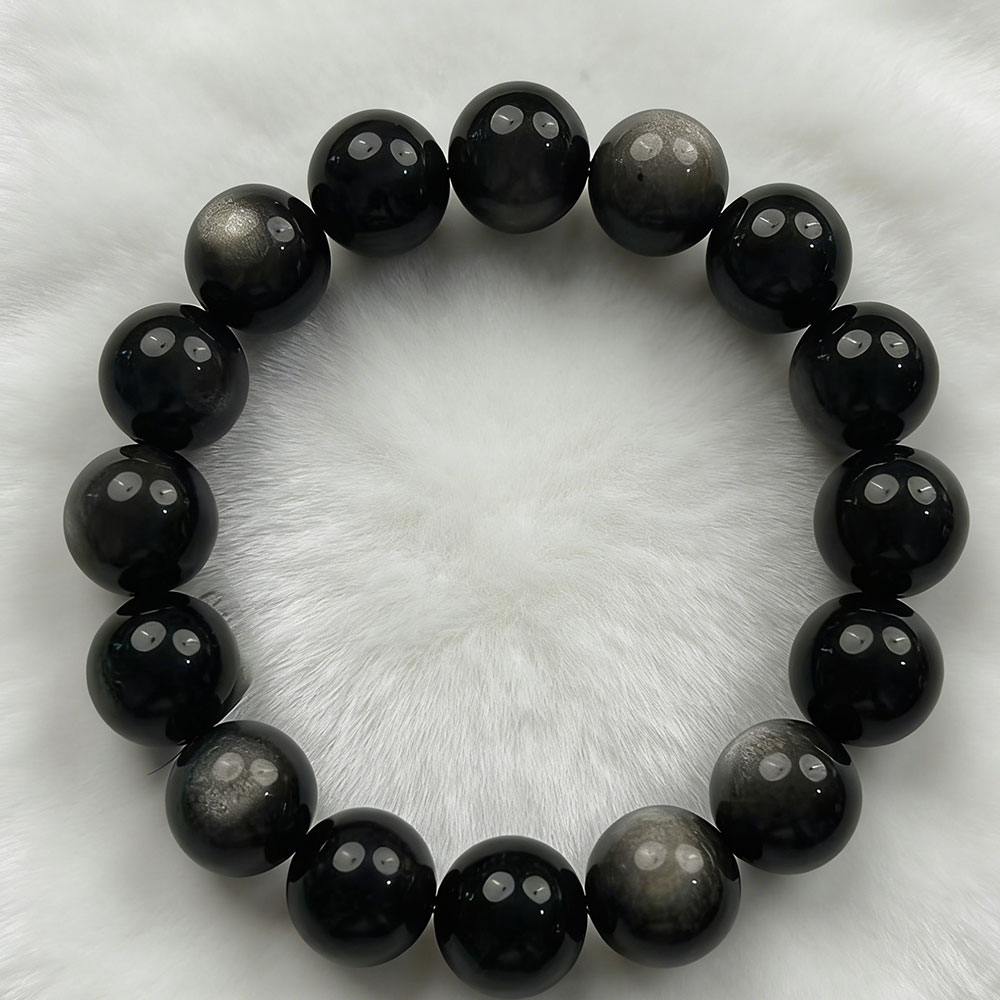 Natural Silver Obsidian Beaded Bracelet 12mm, Protection & Grounding Healing Crystal, Negative Energy Shield Spiritual Jewelry