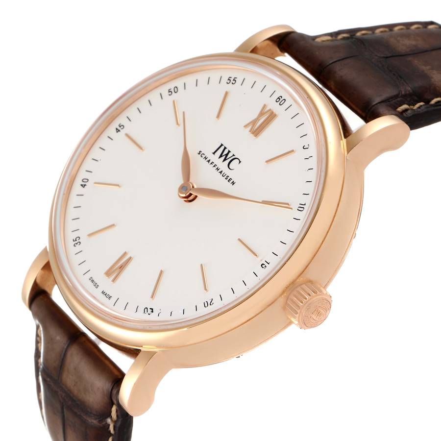 IWC Portofino 18k Rose Gold Silver Dial Brown Strap Mens Watch IW511101