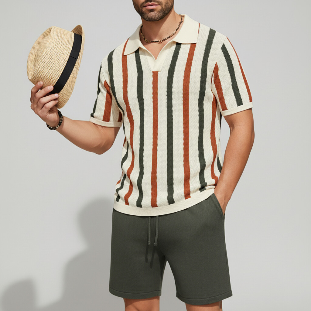 Men's Contrast Striped Short Sleeve Polo Shirt & Drawstring Shorts 2Pcs Set