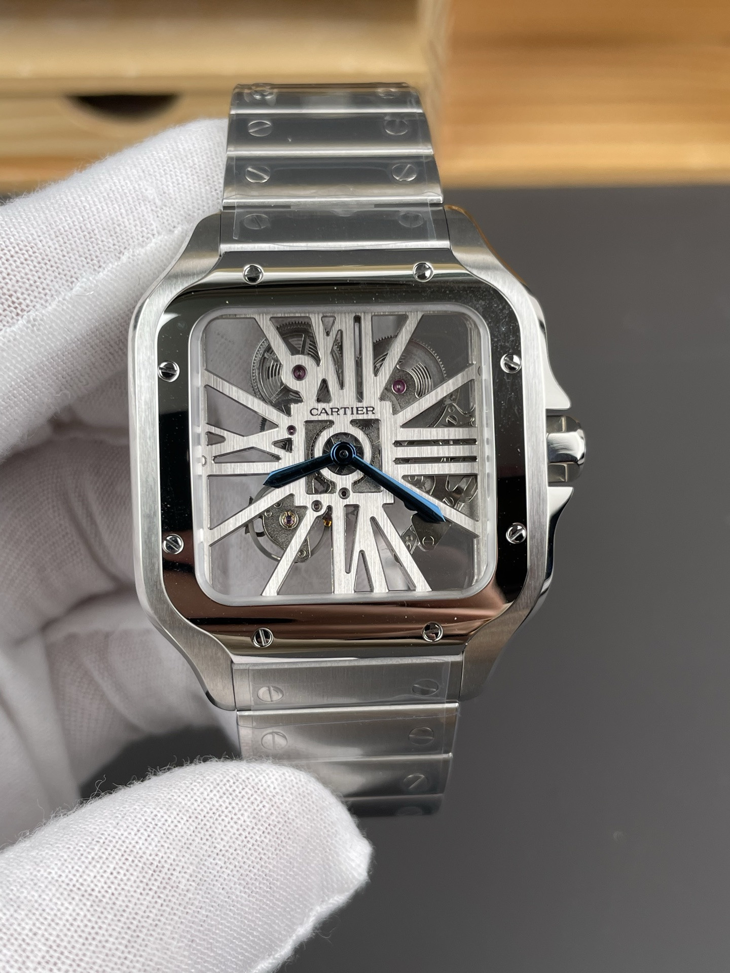 Santos Skeleton Series Steel Watch with Blue Hands V2 Version