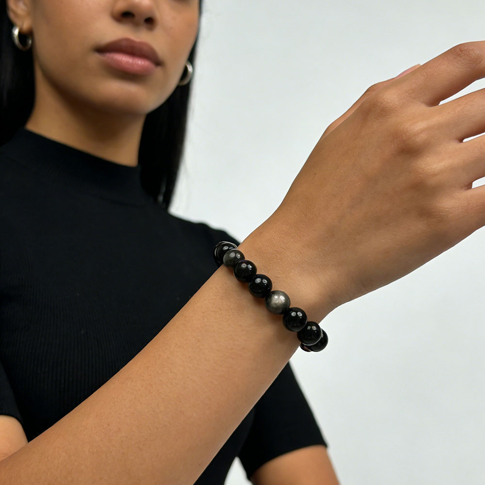 Natural Silver Obsidian Beaded Bracelet 12mm, Protection & Grounding Healing Crystal, Negative Energy Shield Spiritual Jewelry