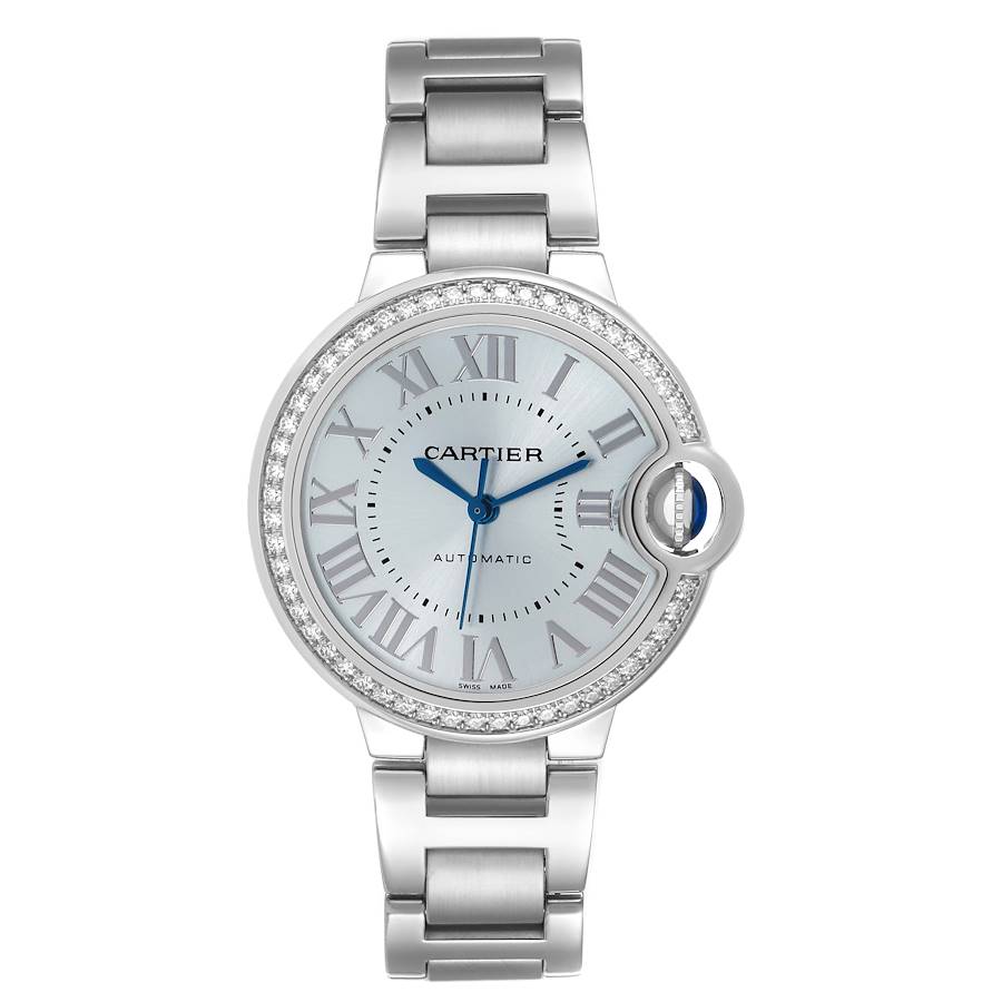 Cartier Ballon Bleu 33mm Blue Silver Diamond Dial Steel Watch W4BB0028
