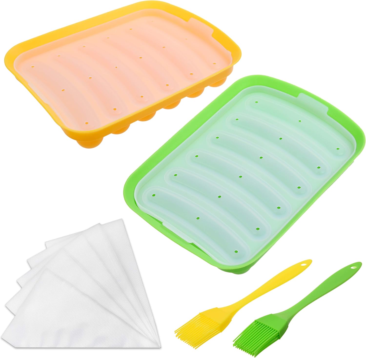 2x Silicone Sausage Molds - Non-Stick Flexible Hotdog Maker - 6-Cavity Baking Cooking Steaming Container - DIY Homemade Sausages - Includes 2x Silicone Mini Brushes and 20x Pastry Bags