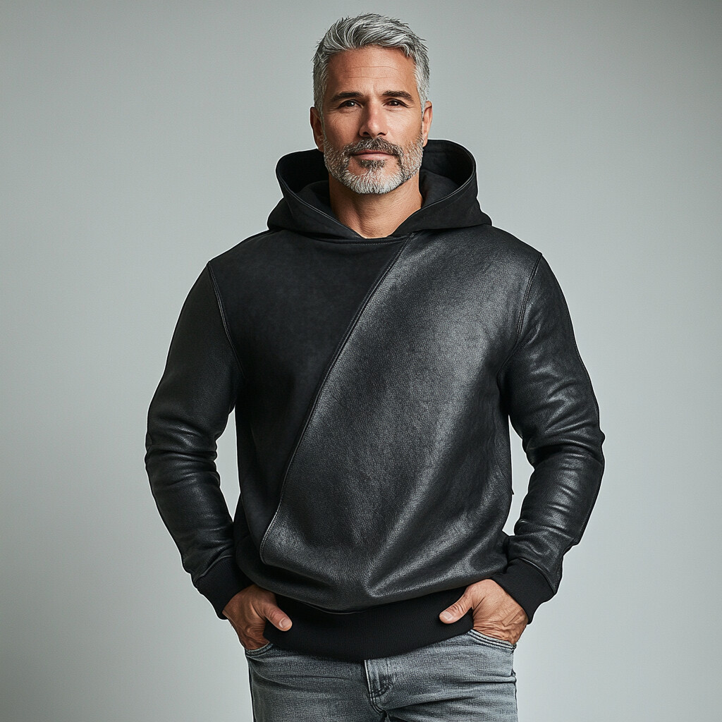 Men's Suede PU Leather Patchwork Long Sleeve Hoodie