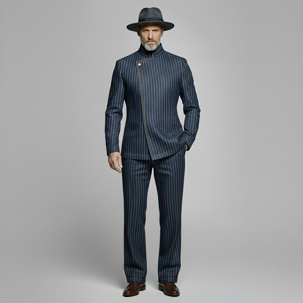 Men's Navy Blue Striped Stand-Up Collar One Button Long Sleeve Blazer & Pants 2Pcs Set