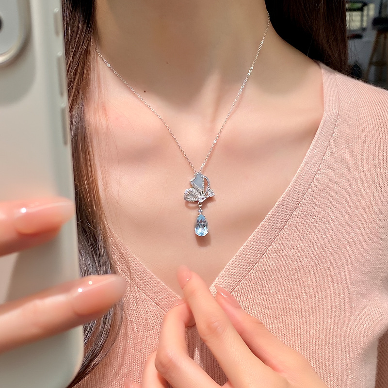 GemVibra Butterfly Pendant Necklace in 925 Silver with Gemstone Drop