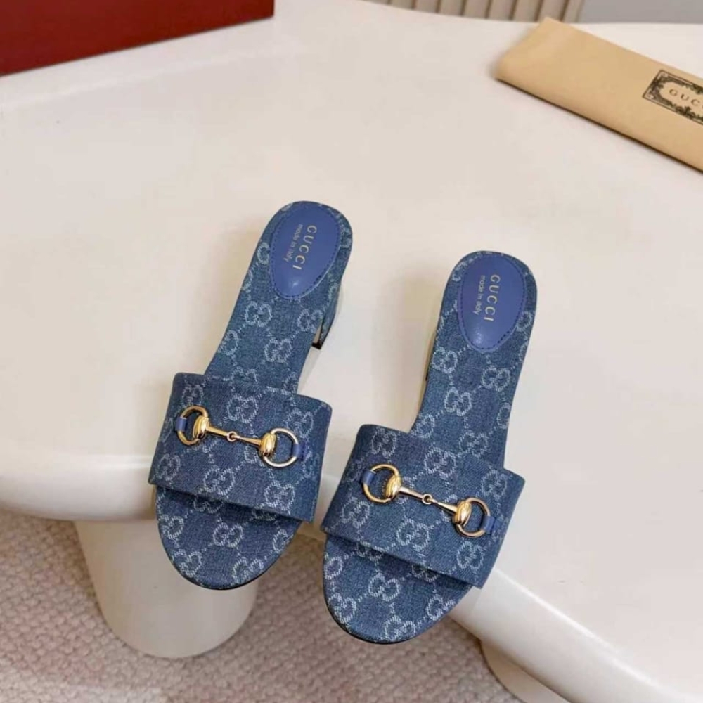 Gucci Women Slide Sandal With Horsebit Blue GG Denim 854882 FAFGT 4746