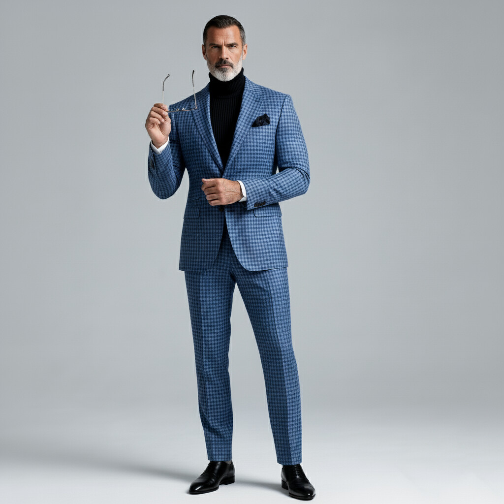 Men's Blue Plaid Notch Lapel Single Breasted Long Sleeve Blazer & Suit Pants 2Pcs Set