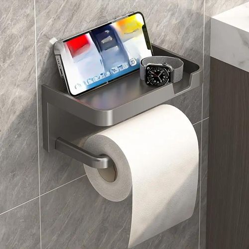 OIPETLUCK Punch-free toilet paper holder, toilet paper roll holder, wall-mounted toilet paper holder, bathroom paper holder with mobile phone holder, self-adhesive wall holder