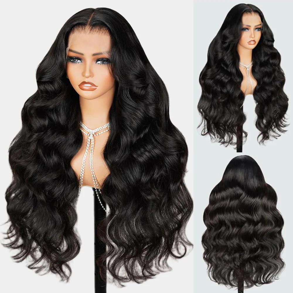 Megalook 13x4 Lace Frontal Body Wave Wigs Invisible knots Natural Black Natural Hairline