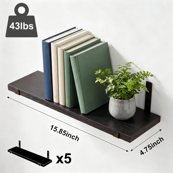 5 Pack Black Floating Shelves with Gold Brackets
