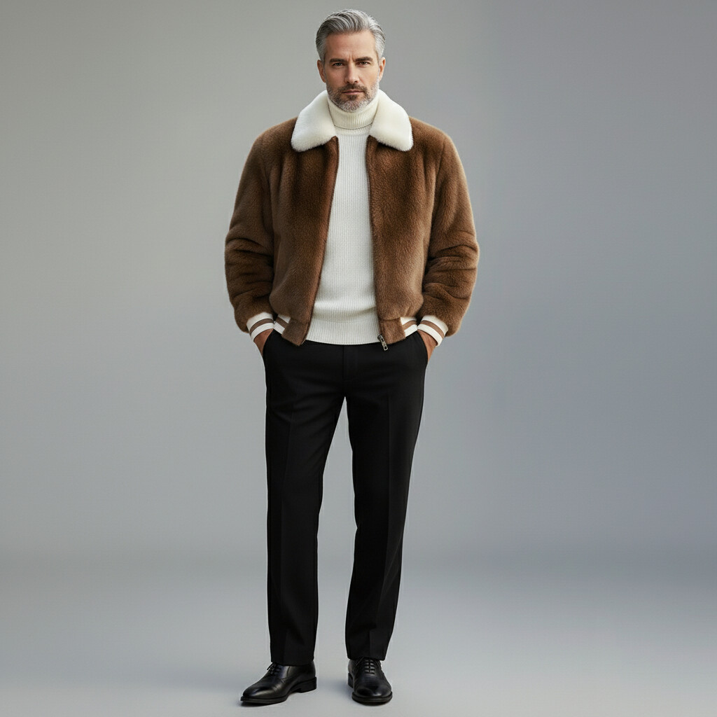 Men's Brown Contrast Striped Turndown Collar Long Sleeve Zipper Plush Jacket