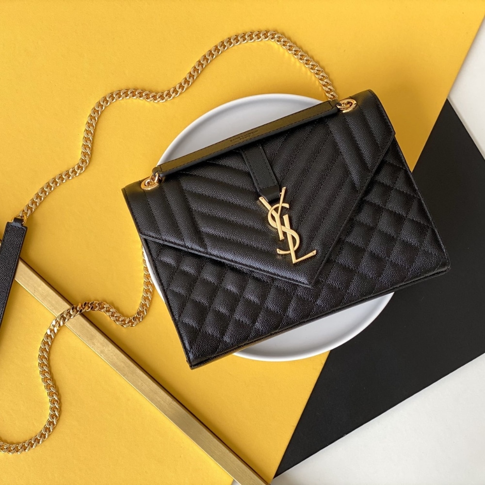 Saint Laurent Envelope Medium In Quilted Grain De Poudre Embossed Leather Black Gold 24Cm 600185Bow911000