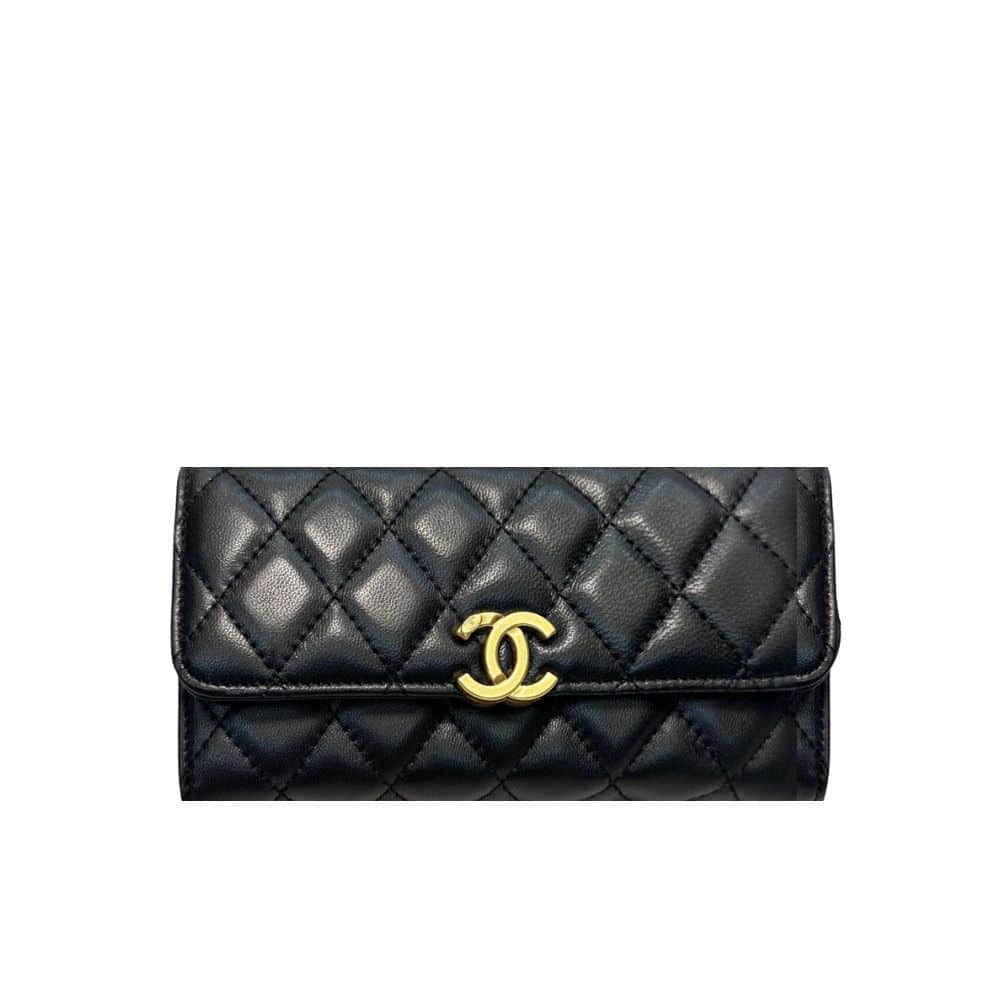 Chanel Cc Logo Long Flap Wallet Gold Black 19Cm