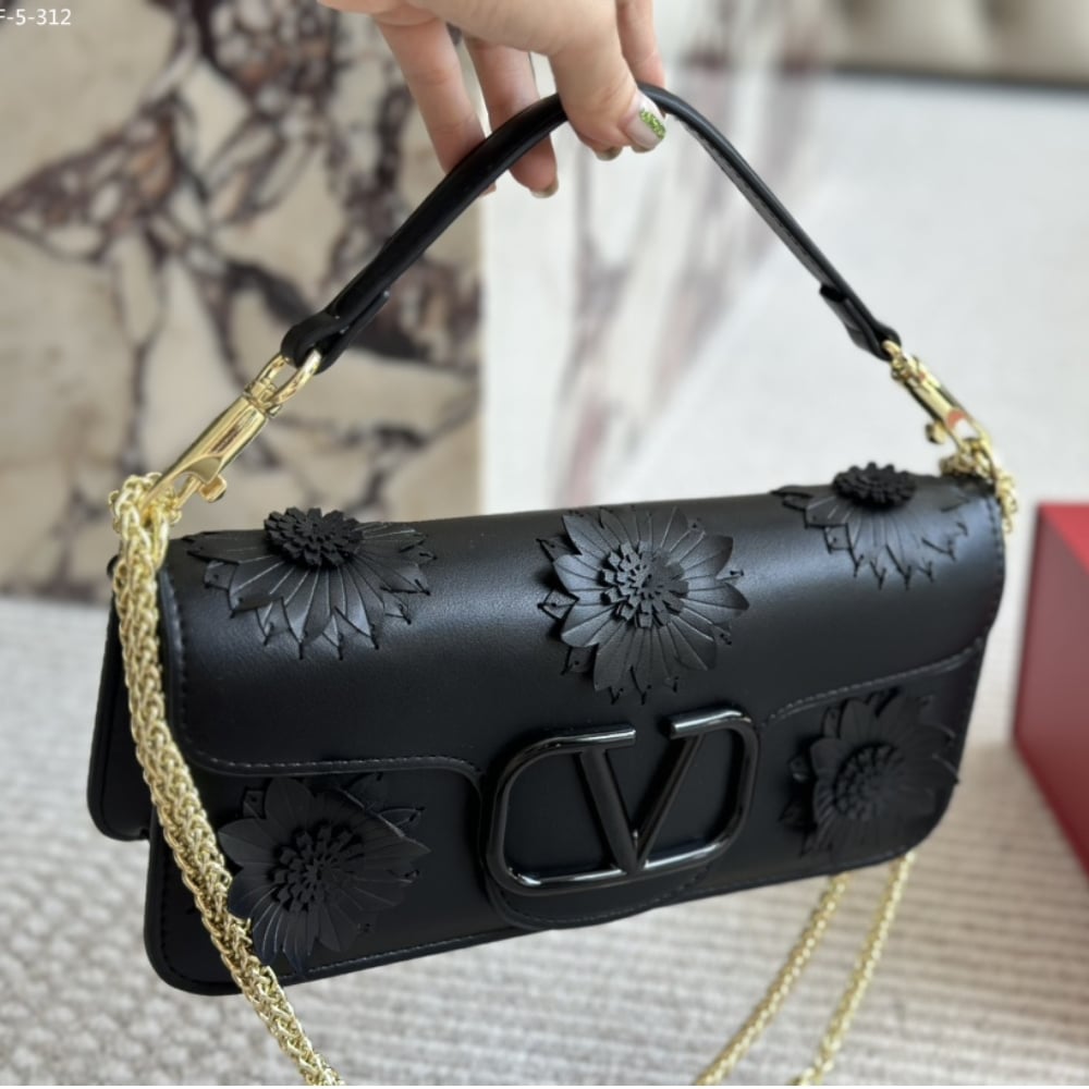 Valentino Garavani Loco Flower Applique Shoulder Bag Black 26Cm