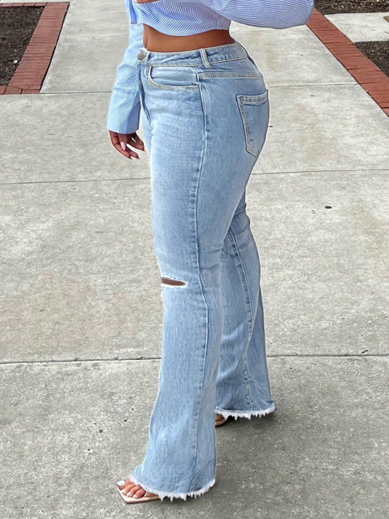 Women spring summer ripped bell bottom denim frayed bell bottom Pant