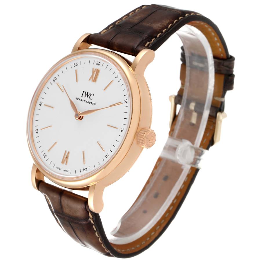 IWC Portofino 18k Rose Gold Silver Dial Brown Strap Mens Watch IW511101