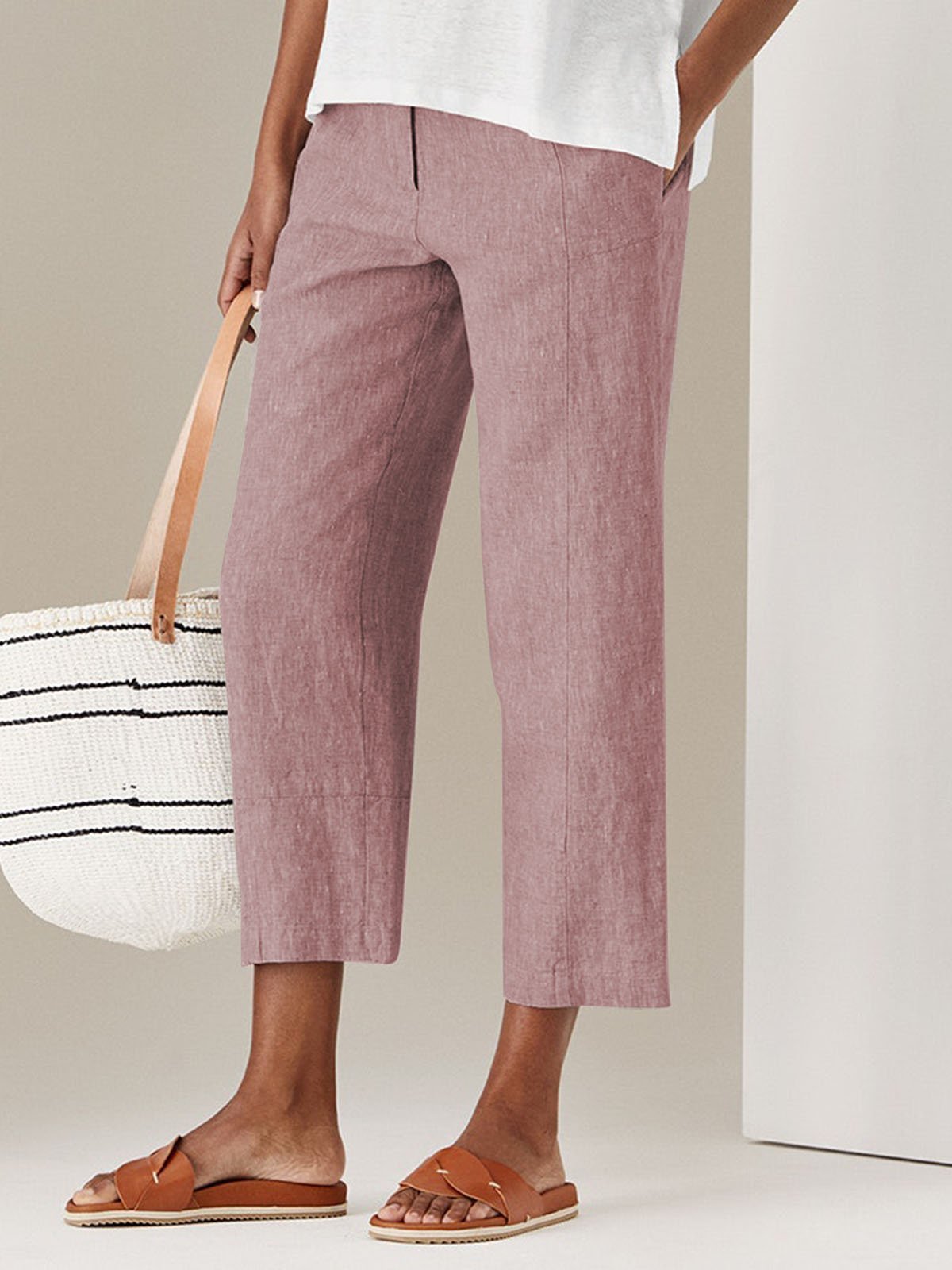 Solid Casual Pockets Cotton Pants
