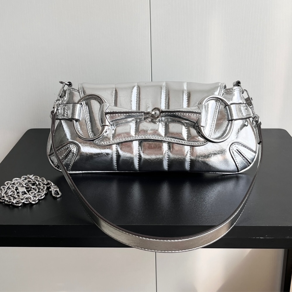 Gucci Horsebit Chain Small Shoulder Bag Silver 27Cm