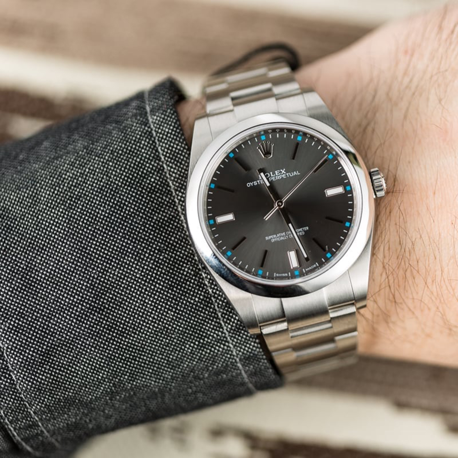 Rolex Oyster Perpetual 39mm Dark Rhodium Dial Watch 114300-0001