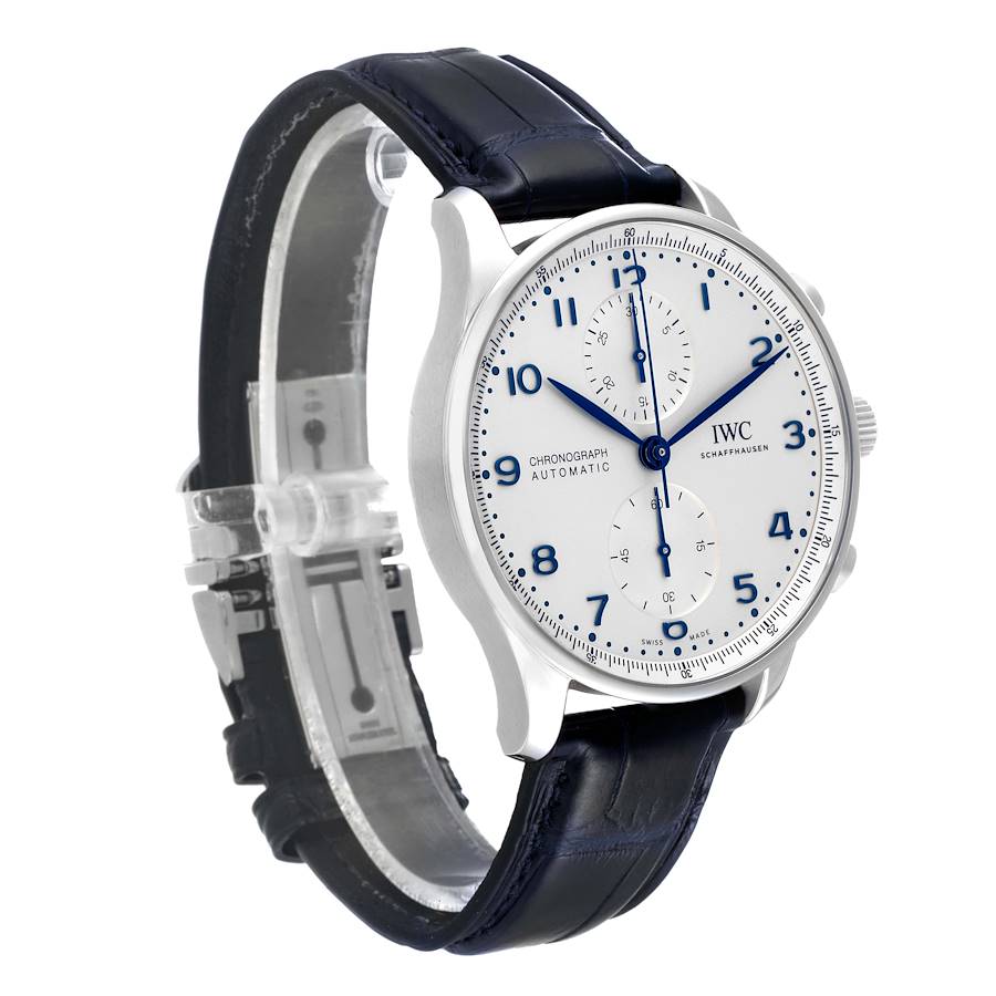 IWC Portugieser Chrono Silver Dial Blue Hands Steel Mens Watch IW371605