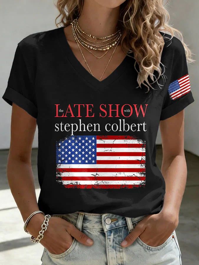 V-Neck Retro Last Show Print T-Shirt