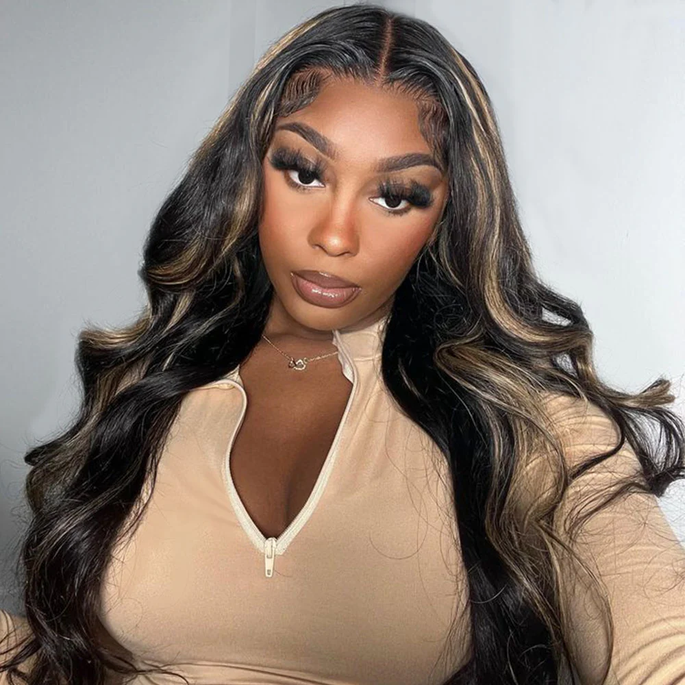 Megalook Bogo Free Honey Blonde Highlights On Black 5x5 Closure Wig 100% Human Hair Wig
