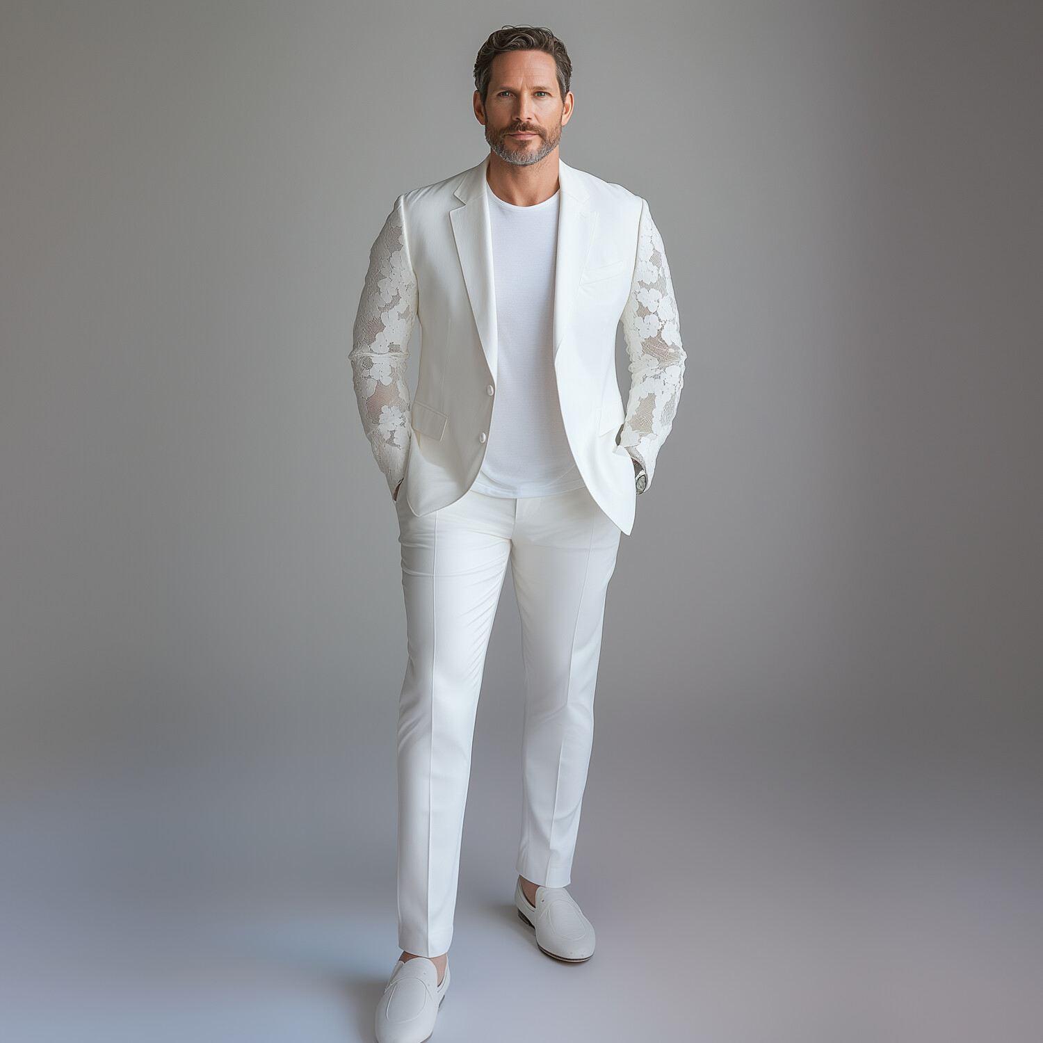 Men's See-Through Lace Long Sleeve Notch Lapel Two Button Blazer