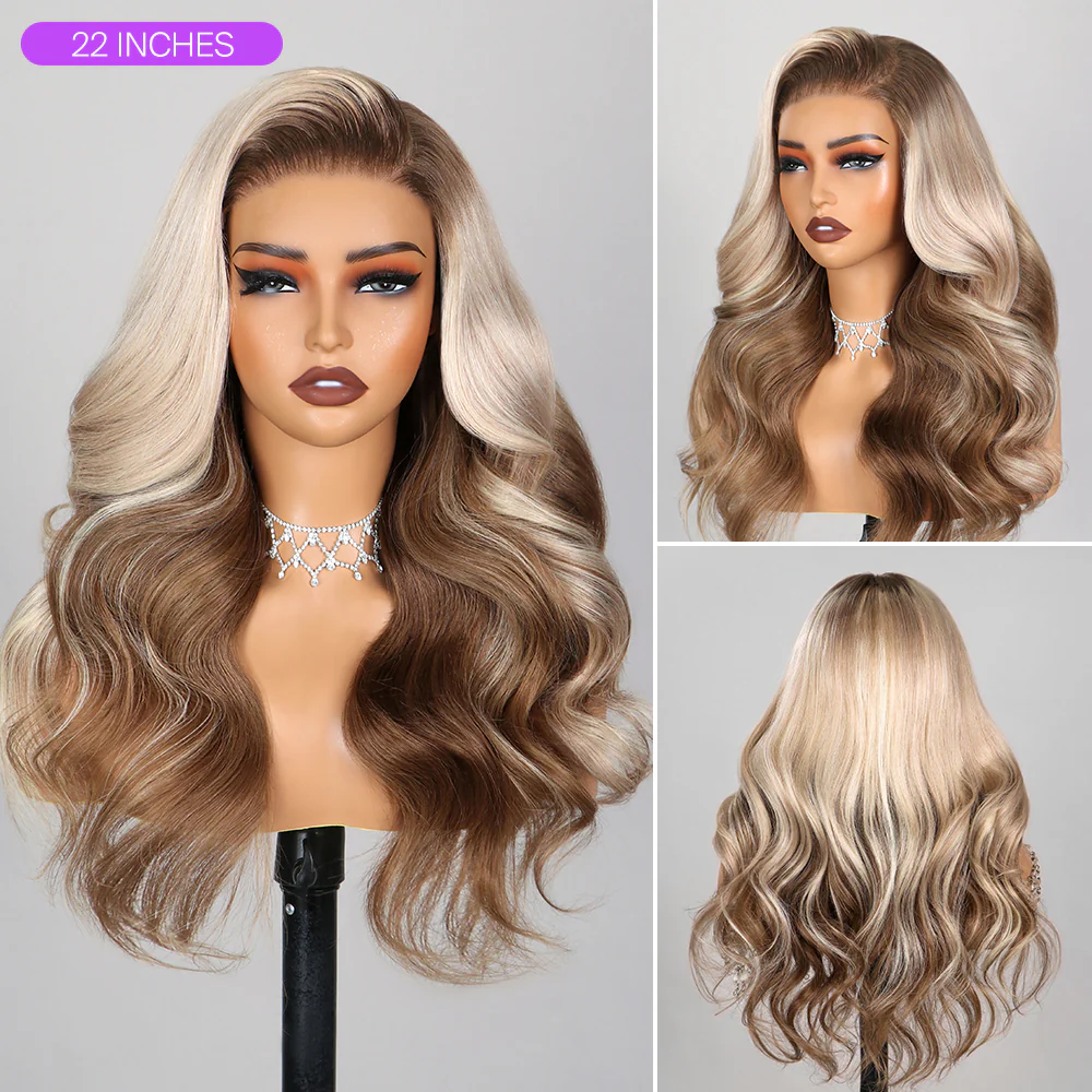 Megalook 13x6 Three-Go™ Champagne and Brown Ombre Colored 6x5 Pre-All Glueless Loose Body Wave Wigs