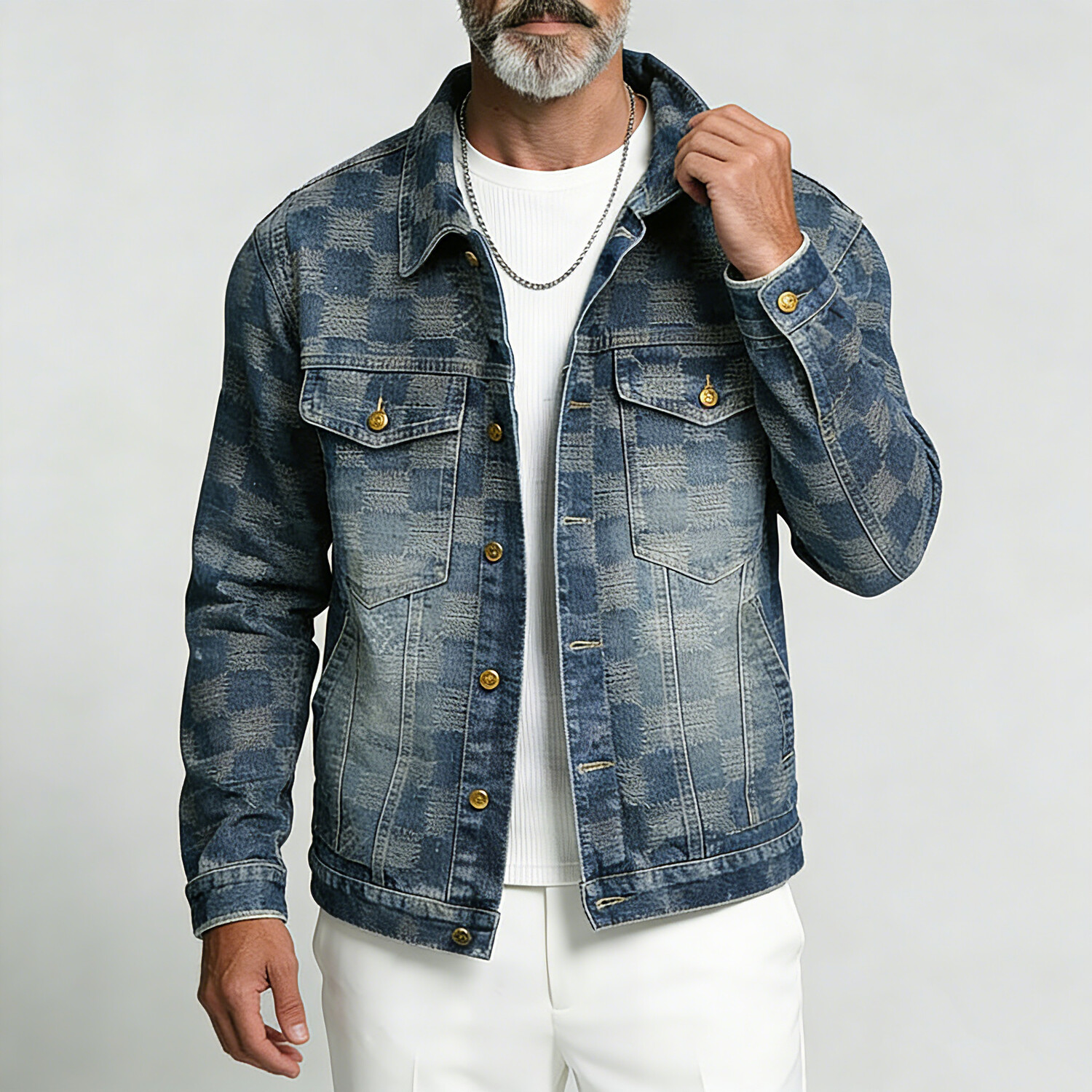 Men's Retro Washed Checkered Denim Single Breasted Long Sleeve Jacket