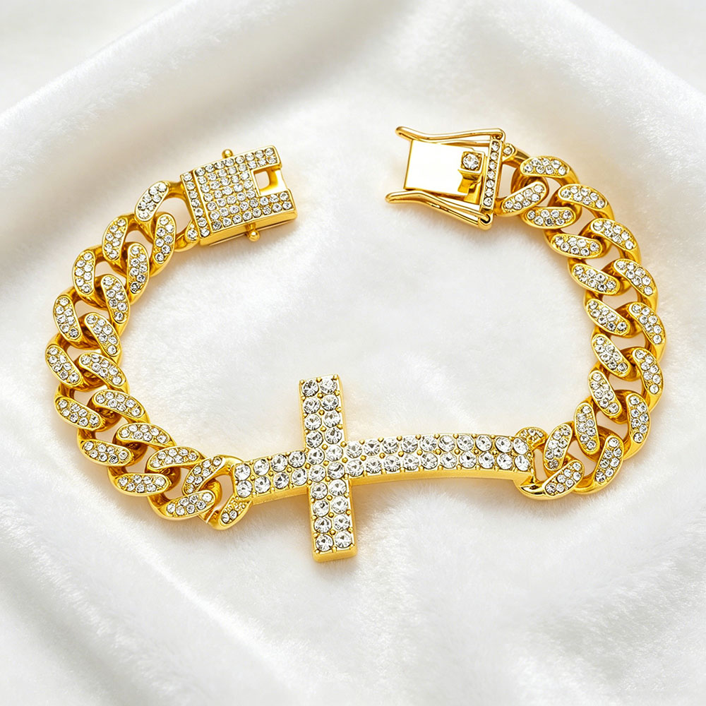 GemVibra Rhinestone Cross Cuban Link Zinc Alloy Bracelet