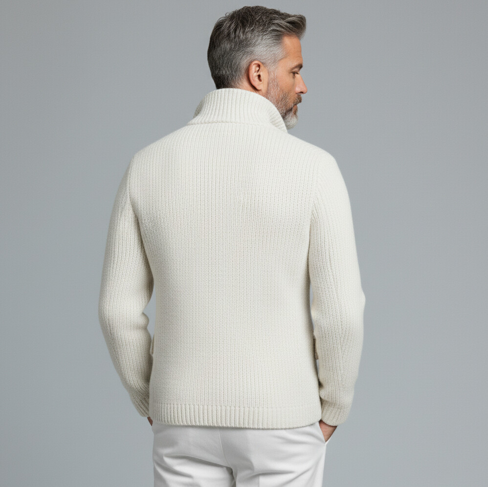 Men's White Ribbed Knit Double Breasted Turndown Collar Long Sleeve Sweater Cardigan