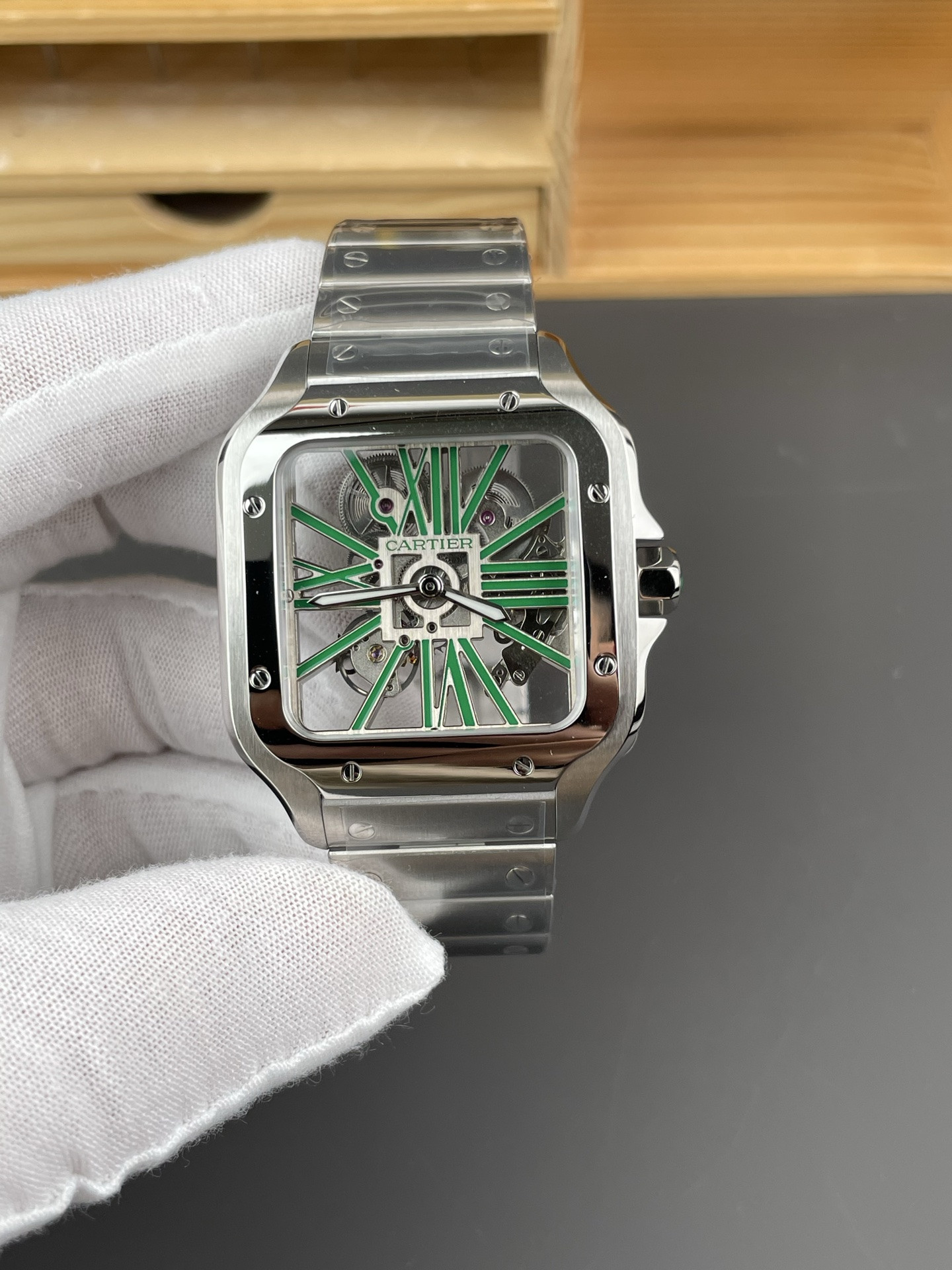 Santos Skeleton Series Steel Watch with Green Hands V2 Version