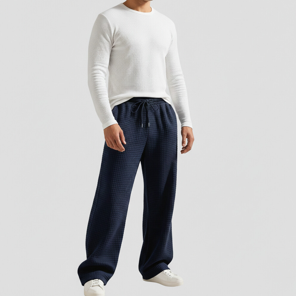 Men's Casual Waffle Drawstring Slant Pocket Straight Leg Pants
