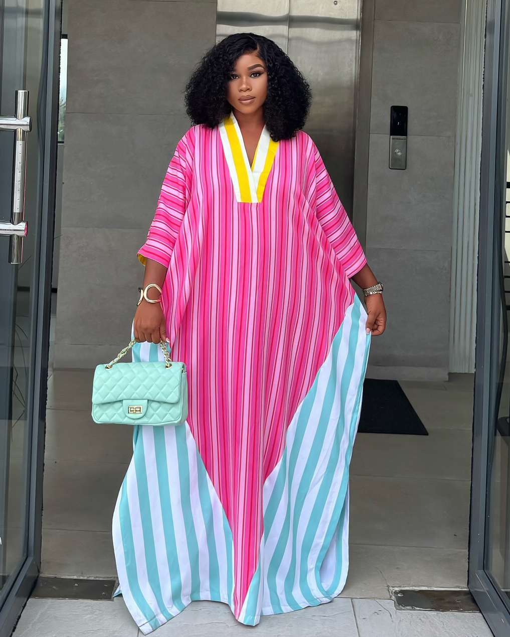 Women African Spring V-Neck Striped Maxi Dress