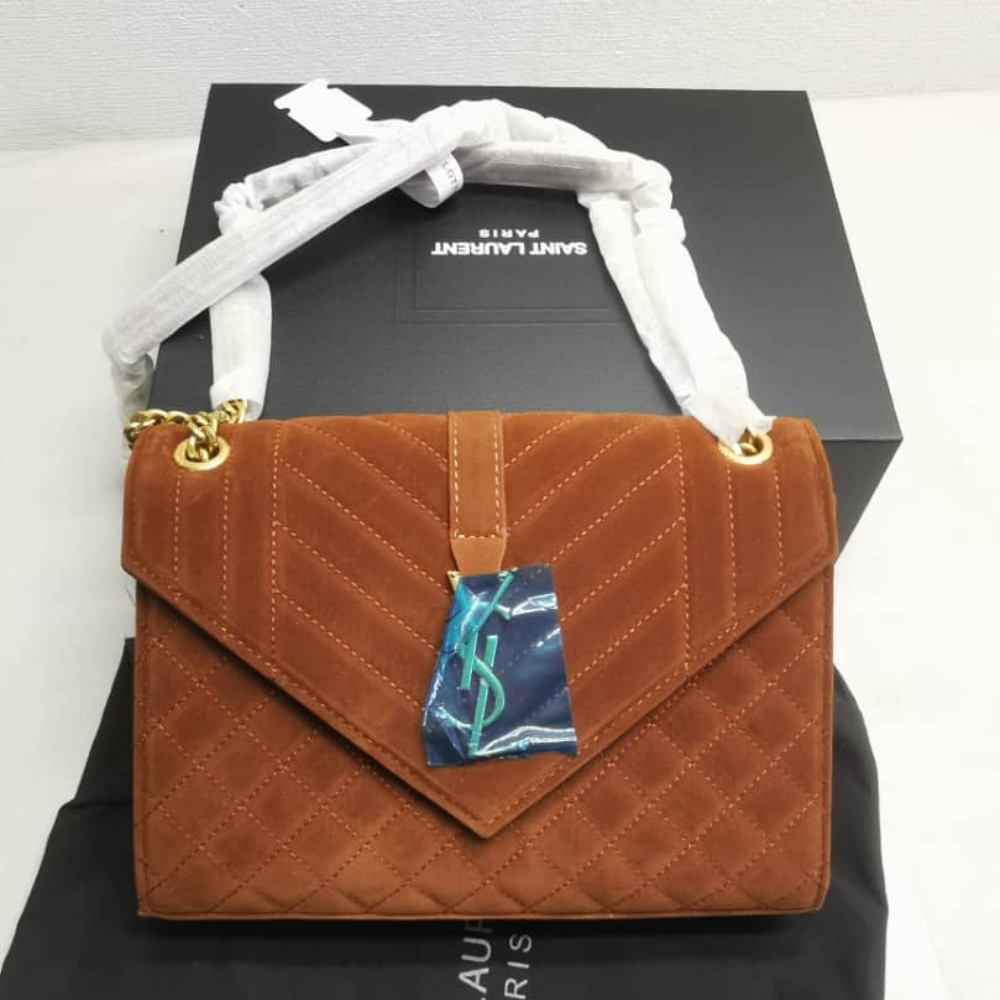 Saint Laurent Envelope Medium Matelassé Suede Shoulder Bag Brown 24Cm