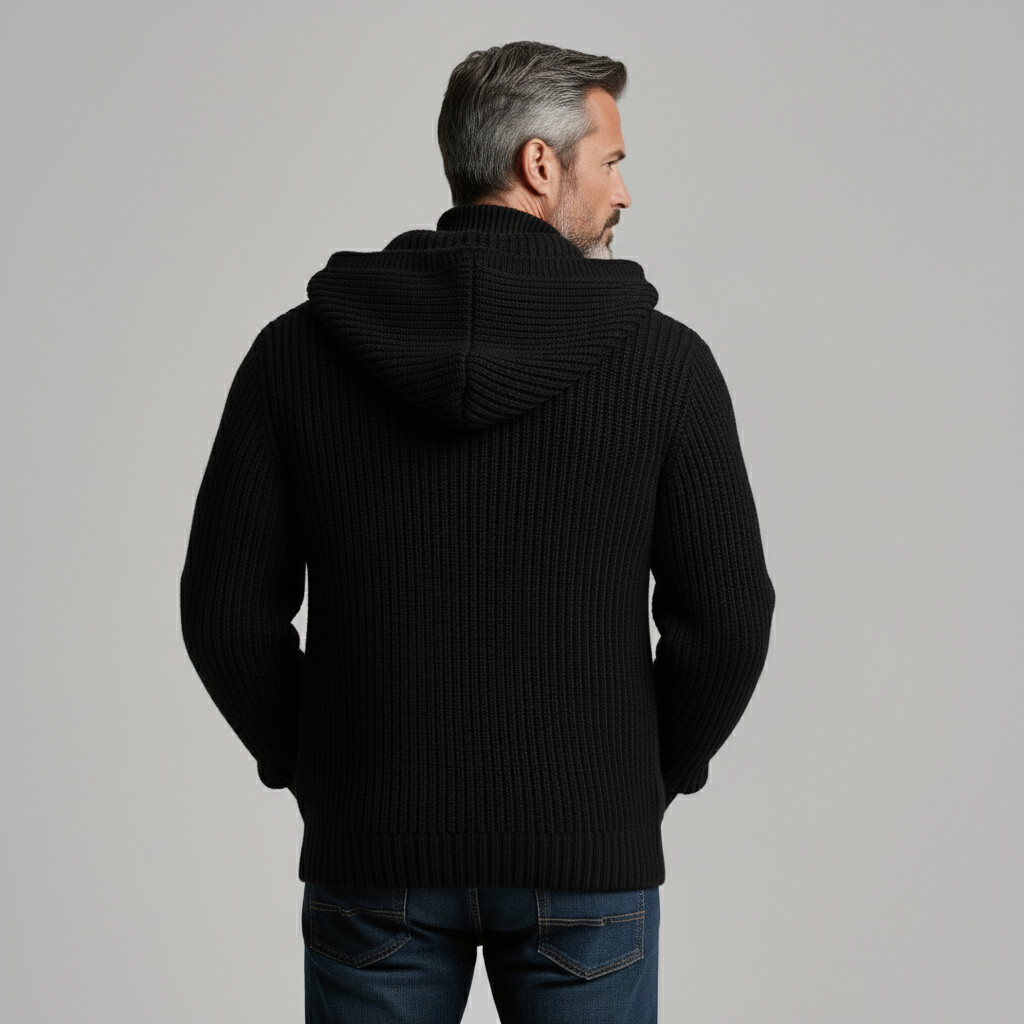 Men's Black Chunky Knit Long Sleeve Pockets Hooded Toggle Sweater Cardigan