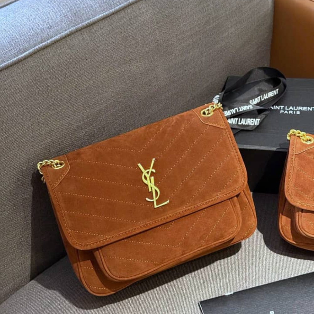 Saint Laurent Niki Baby Quilted Suede Chain Bag Brown 28cm